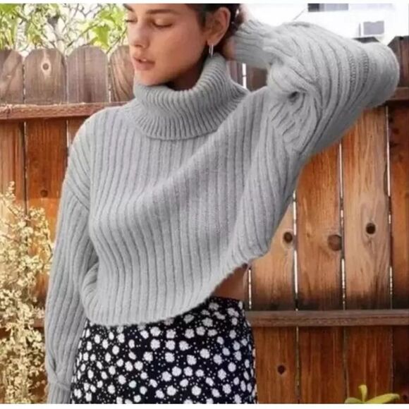 Urban Outfitters Cropped Ribbed Chunky Turtleneck Mia Sweater Gray - XS - Picture 1 of 7